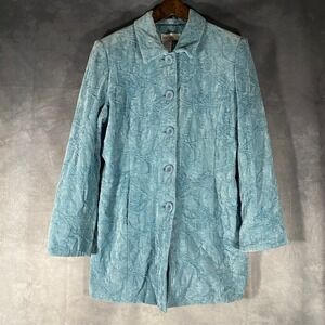 Lana Lee Blue Embossed Floral Button Front Jacket Pockets Womens Size 14 Vintage